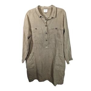 Wrap London 100% Linen Shirt Dress Tan Pockets Tab Sleeves NWT Size 18
